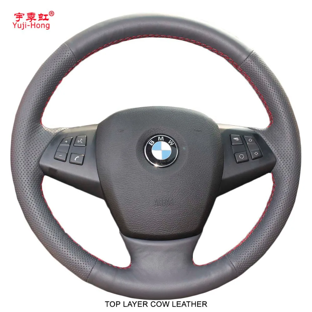 

PONSY Top Layer Genuine Cow Leather Car Steering Wheel Covers Case for BMW X5 E70 2008-2013 Hand-stitched Cover