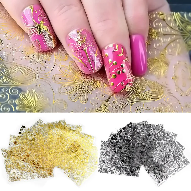 

8 Pcs/set Embossed 3D Metallic Nail Stickers Gold Silver White Black Blooming Flower Design Adhesive Nail Art Decoration Tool
