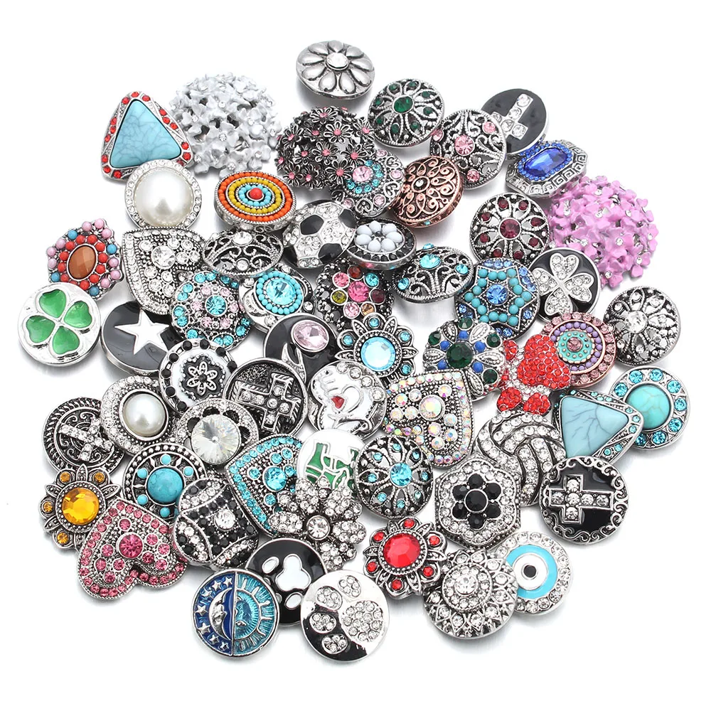 

50pcs/lot Mixed Style 18mm Metal Snap Buttons Jewelry 50 Designs Ginger Crystal Snap Fit 18mm Snap Bracelet Bangles Necklace