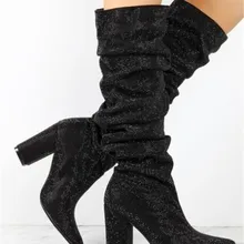 Sestito/; женские Блестящий горный хрусталь; декорированные сапоги до колена с острым носком; модельные туфли на не сужающемся книзу массивном каблуке; женские высокие сапоги со складками