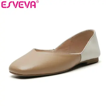 

ESVEVA 2019 Woman Shoes Genuine Leather Low Heel Pump Square Toe Mixed Color Basic Slip on Casual Summer Shoes Size 34-40