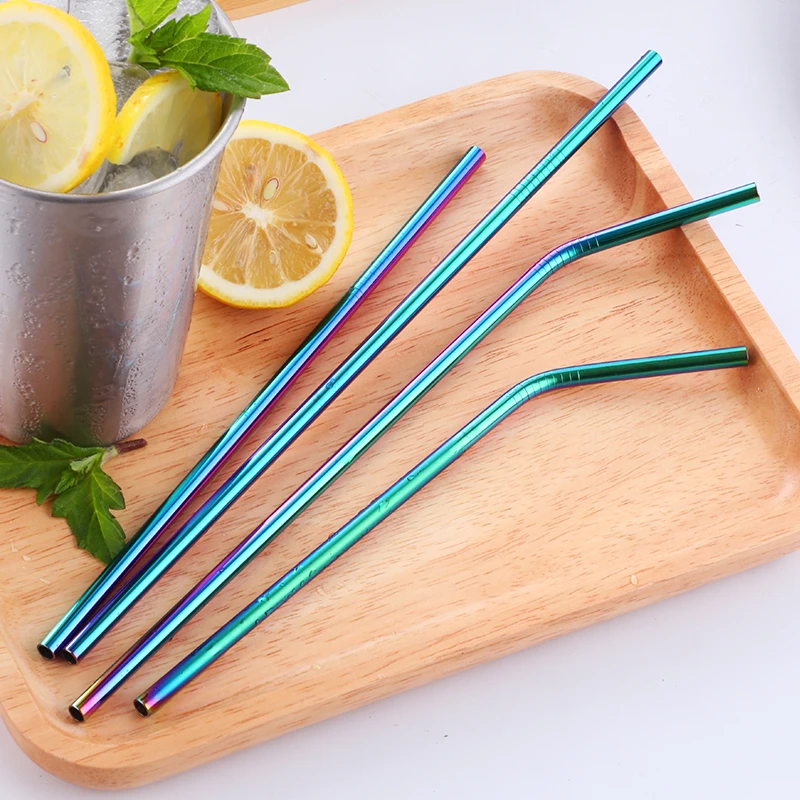 

100pcs Stainless Steel Metal Drinking Reusable Rainbow Party Straws+10 cleaning brush Bar Accessories Party Cocktail Set
