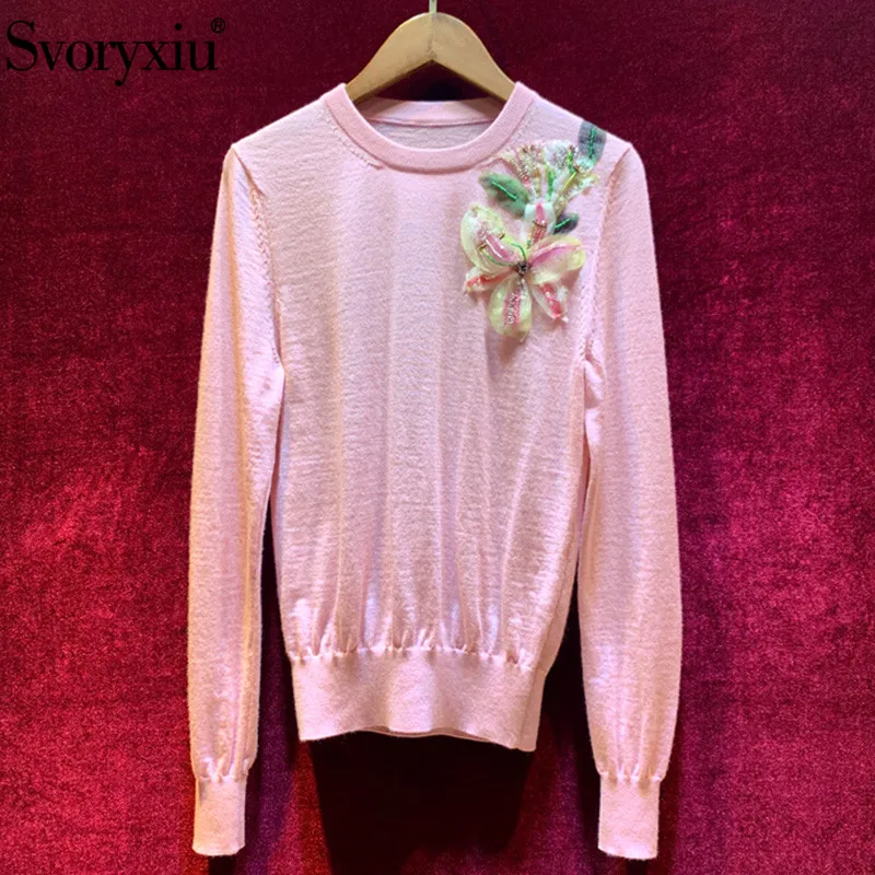 

Svoryxiu Runway High End Wool Blend Pink Knitting Pullovers Women's Elegant Beading lily Appliques Autumn Thin Sweater Tops