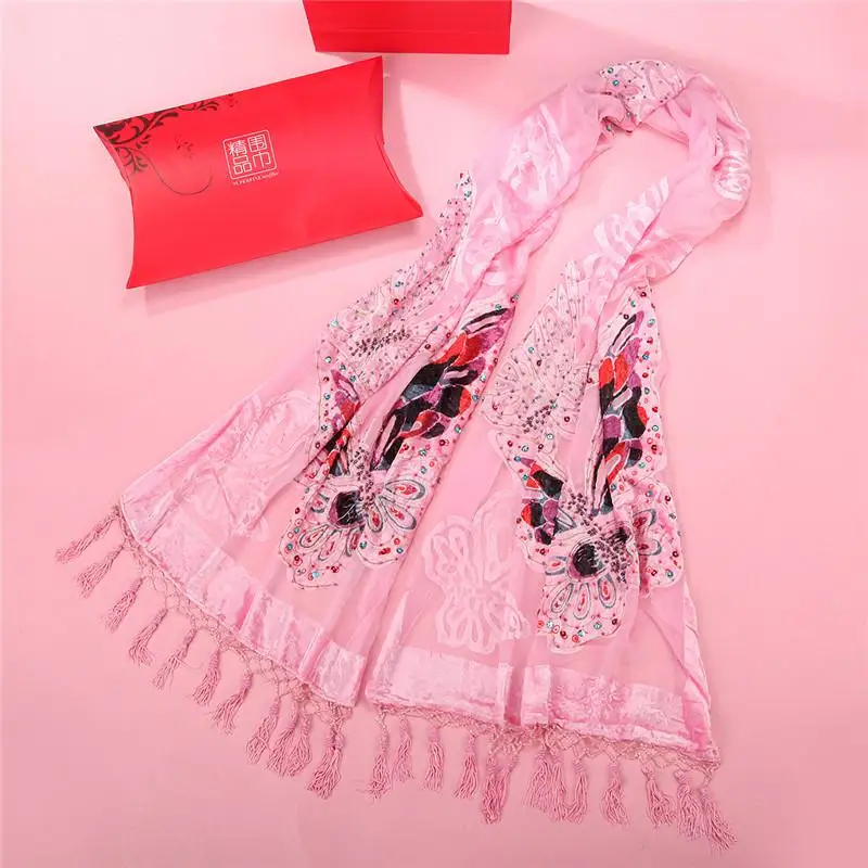 Цветок большой размеры бархат Шелковый шарф хиджаб для женщин девушка элегантный шаль печати Классическая упаковка глушитель Femme теплые Mujere Bufanda - Цвет: Pink 2