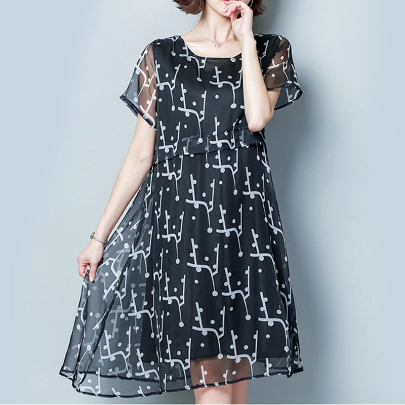 Повседневное шифоновое платье летнее женское новое платье средней длины большого размера шифоновое платье с коротким рукавом l18