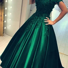 Изумрудно-зеленые Бальные платья с открытыми плечами, бальное платье, атласная Кружевная аппликация, Vestidos De 15 Anos, длина до пола, Robe De Bal