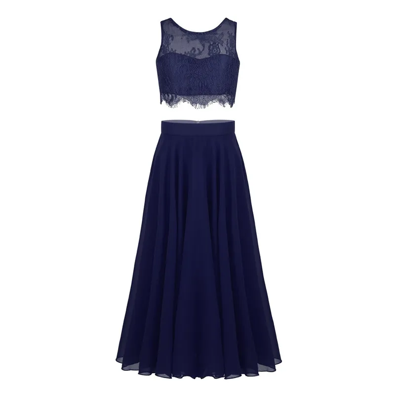 Navy Blue Обувь для девочек вышивка цветочный кружево без рукавов майка с макси-юбка из шифона платье цветочным узором наряд пышное свадебное - Цвет: Navy Blue