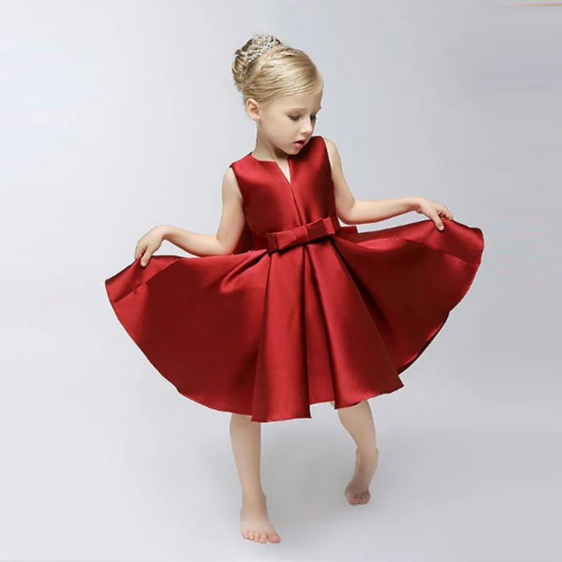 

Flower Girl First Communion Dress A-Line Stain Bow Sash Solid Sleeveless O-Neck Flower Girl Pageant Dresses Vestido Daminha