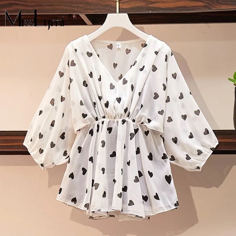

L-4XL Plus Size Women Fashion Heart Polka Dot Shirts Summer 2019 V-neck Lantern Sleeve Elastic Waist Loose Casual Chiffon Blouse