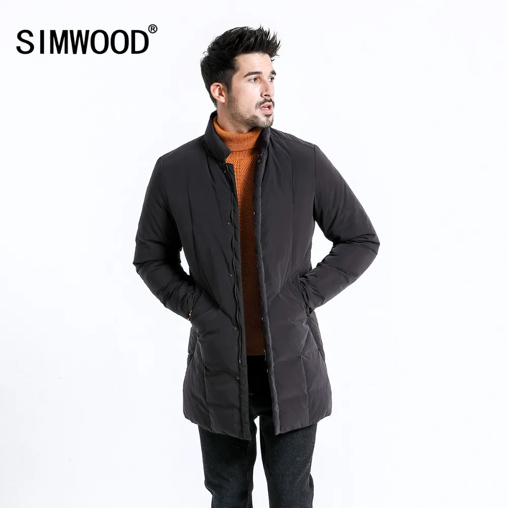Мужская куртка на сером утином пухе SIMWOOD, пуховик черного цвета,, теплая длинная куртка, зимнее приталенное пальто, 180293