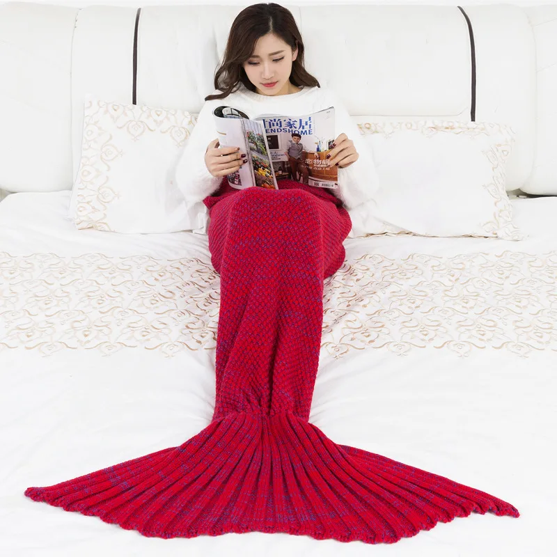 

Children Knitted Mermaid Tail Blanket Handmade Crochet Adult Bed Wrap Soft Sleeping Bag Wool Blanket TV Throw Sofa Bedding