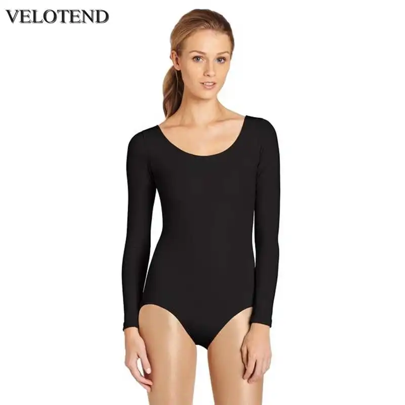 VELOTEND Womens Scoop Neck Long Sleeve Leotard Flesh Skin Color Top