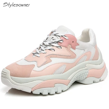 

Stylesowner Girls Hot Fashion Composite Sole Lace Up Sneakers Women Real Leather Casual Shoes Platform Euro Brand Dad Sneakers
