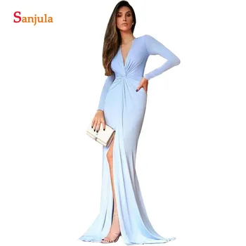 

Vestidos De Festa Sheath Long Sleeve Party Dress For Wedding Deep V-neck Bridesmaids Gowns With Front Slit Blue Jersey Dress