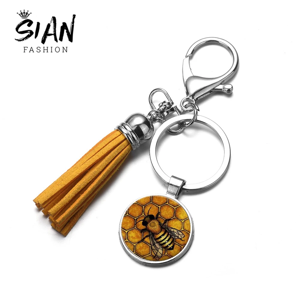 

SIAN Exquisite Honey Bee Pattern Tassel Keychain Gold Honeycomb Insect Animal Glass Cabochon Handmade Tassels Keyring Ornaments