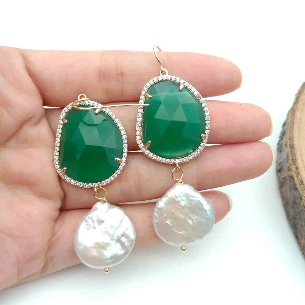 

2.5" White Pearl Golden Macarsite Earrings