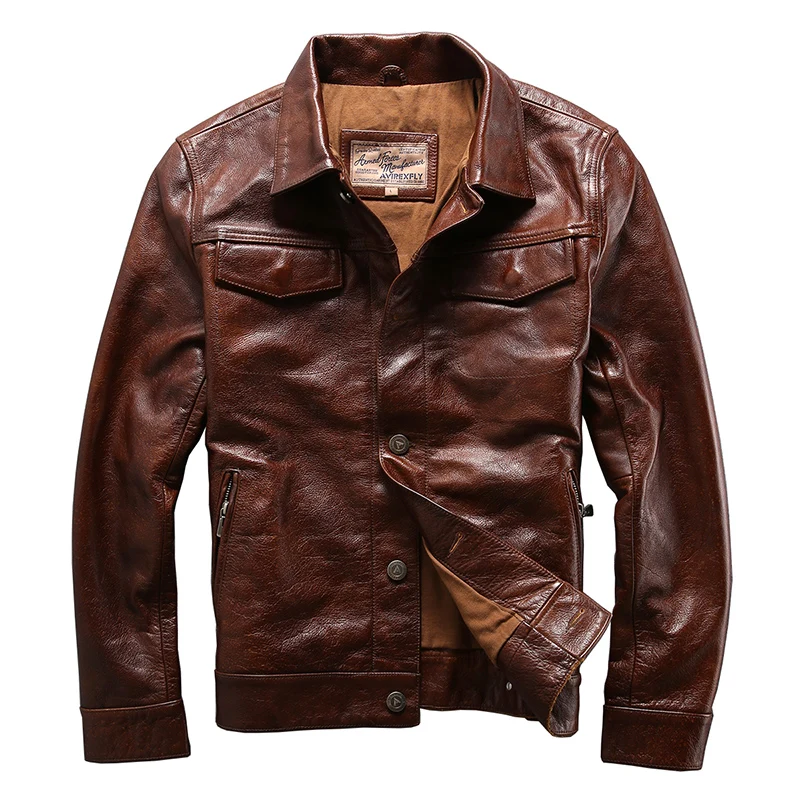 genuine cow skin leather jacket mens cowhide casual vintage biker