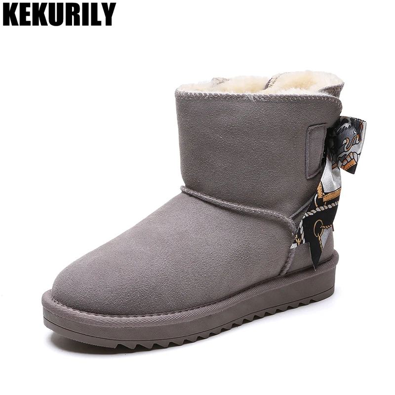 

Zapatos de mujer Snow Boots for Women Winter suede furry Ankle boot Flats plush Warm Snow Shoes bow Ladies Booties black gray