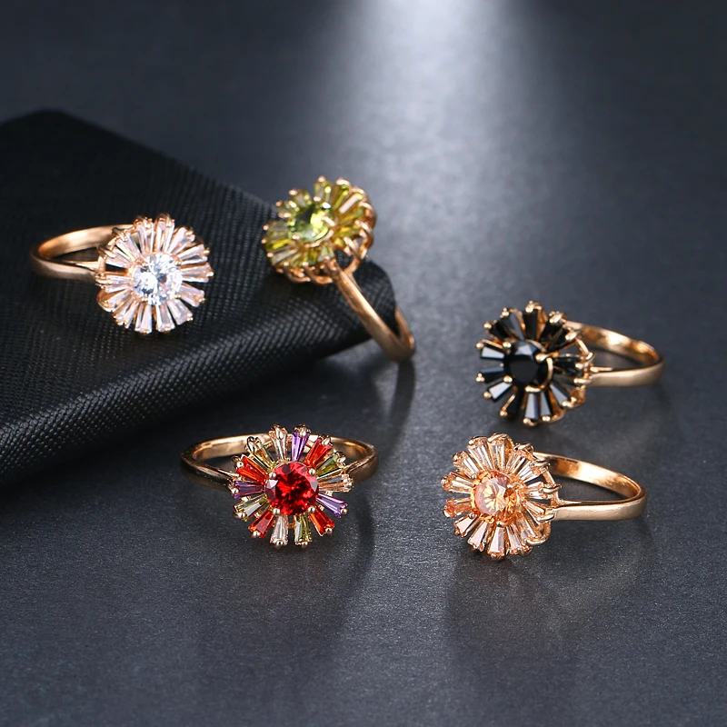 EMMAYA модные кольца в виде цветка для женщин, розовое золото, черные кристаллы, CZ обручальное кольцо, ювелирные изделия