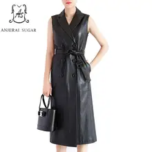 Осенняя Овчина натуральная кожаная куртка женская черная жилетка без рукавов двубортная Женская Длинная ветровка из натуральной кожи пальто