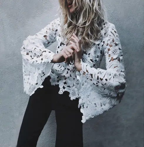 

Fashion Women Ladies Loose Casual Flare Long Sleeve Lace Floral Cotton Tops T-Shirt Party Club Evening Clothes Shirts Tops