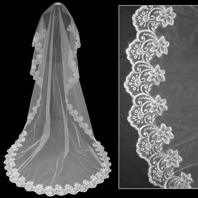 Lace Appliques Edge Long Red Wedding Bridal Veils Romantic Bridal Accessories Soft Tulle 2015