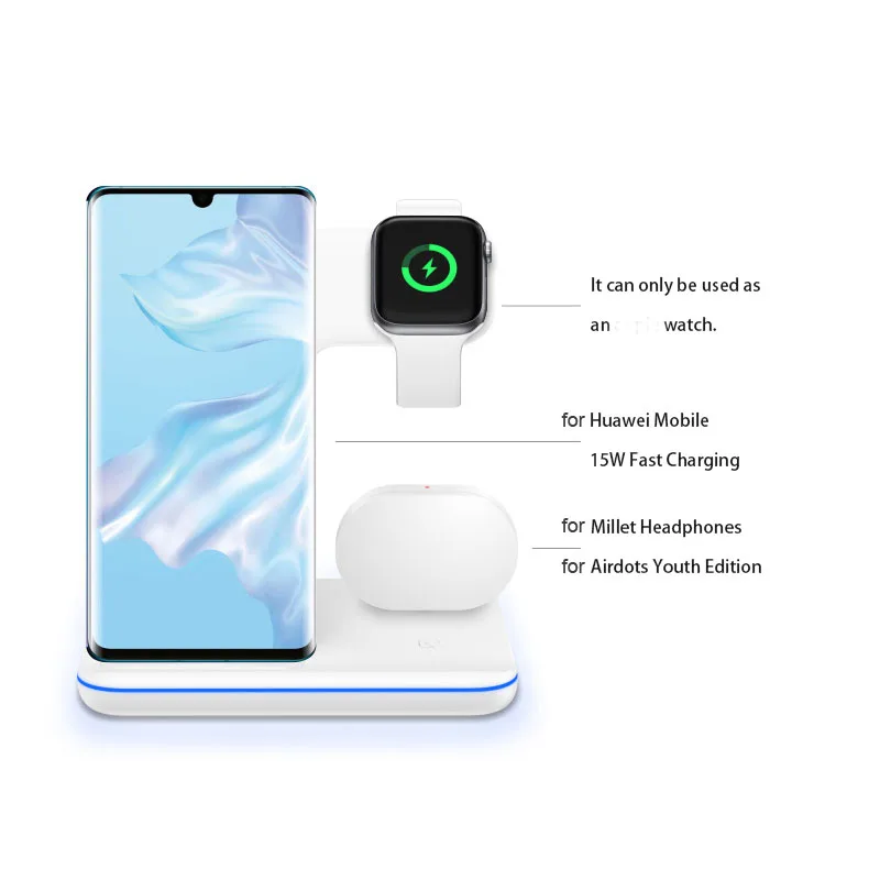 Carregador sem Fio 3 em 1 qi para Huawei Rápido Carregamento Dock Station Estande Xiaomi Iphone x 8 xr Relógio Airpods 4 3 2 1 Carga 15w 4 Carregadores sem Fio