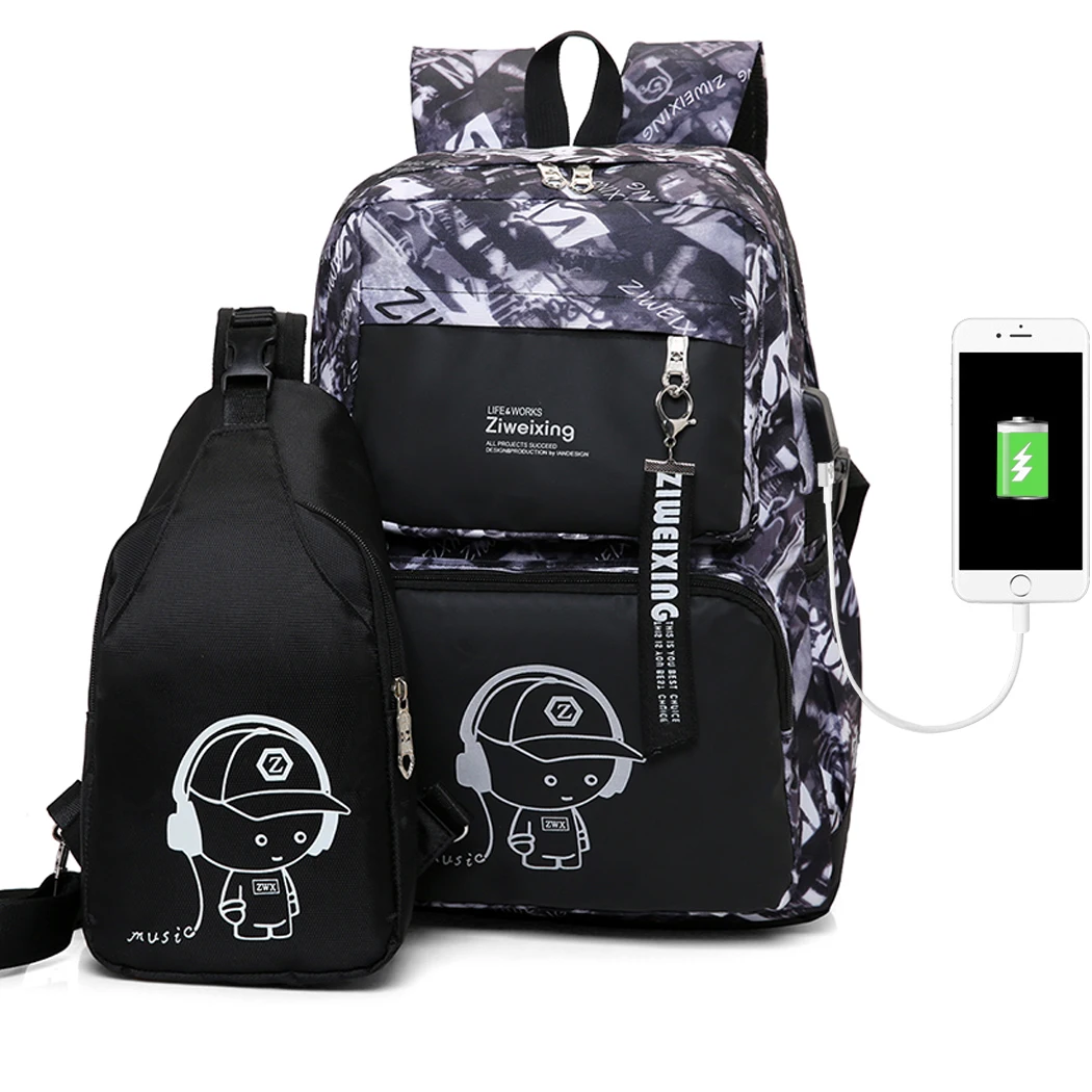 

USB Charge Oxford Backpack Fashion Luminous Animation Backpack +Chest Bag Student Computer Laptop Backpack For Boy Girl Teenager