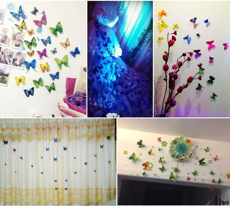 12 шт./лот 3D двухслойные декоративные бабочки для спальни вечерние шторы поддельные цветы Ремесло Декор ПВХ бабочки с булавкой DC28
