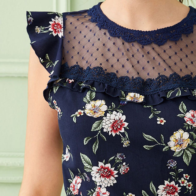 FREE SHIPPING Navy Ruffle Trim Mesh Yoke Floral Print Elegant Blouse ...