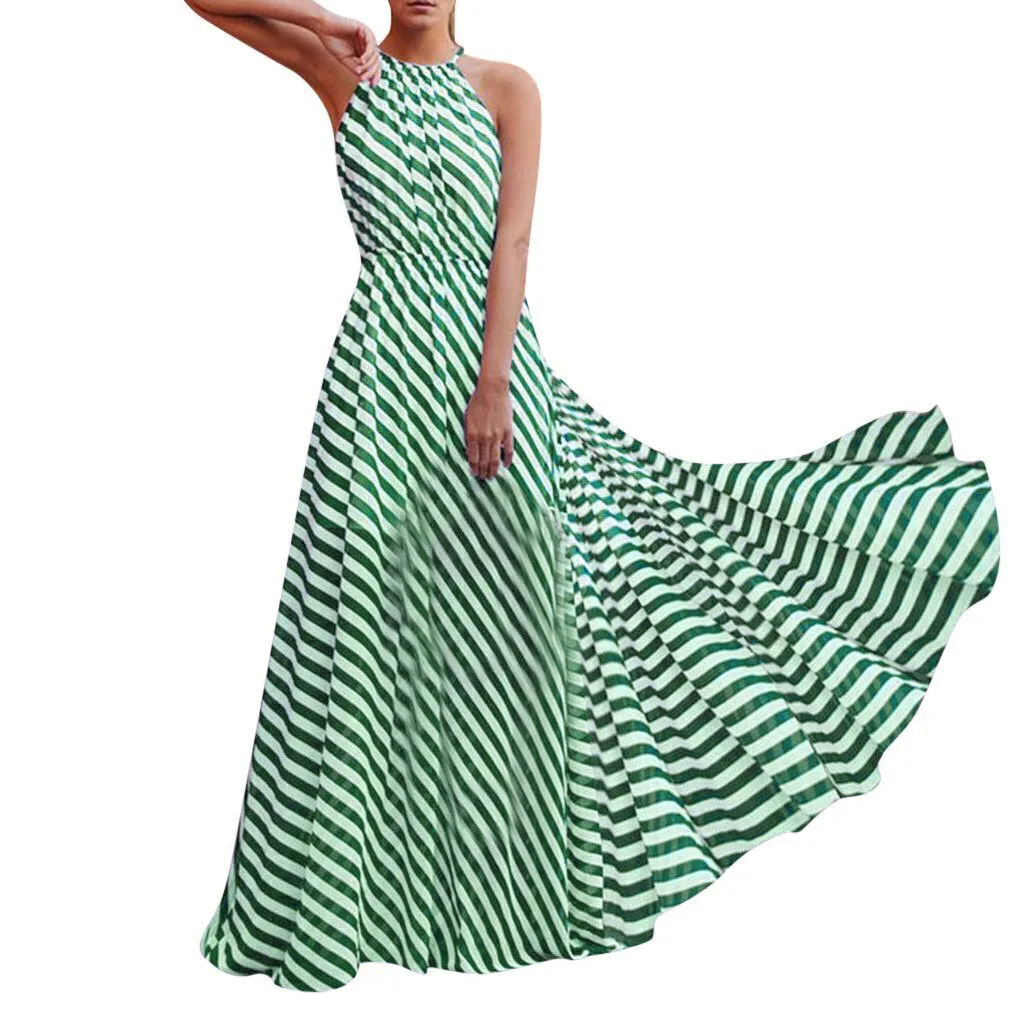 

Women Sexy Sleeveless Striped Loose Polyester Dress Beach Party Casual Maxi Long Sundress Floor-Length high quality 30H