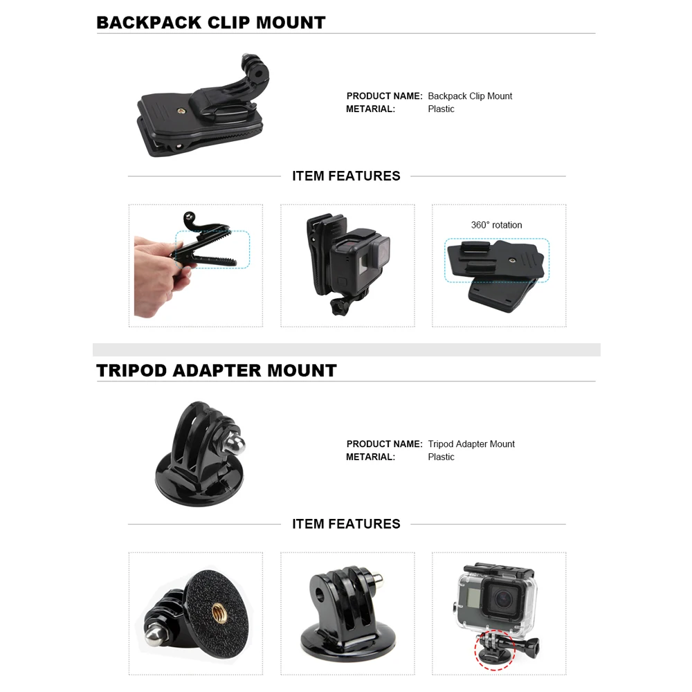Para GoPro accesorios Set para Go Pro Hero 7 6 5 4 3 kit Selfie Stick monopié adaptador de montaje para yi 4K Sjcam Sj4000 Eken H9r - 6