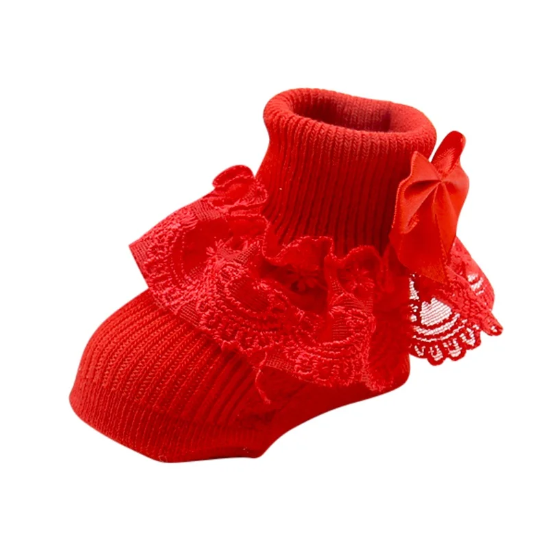 Осенние носки для новорожденных, малышей, украшенное цветами и бусинами с кружевными вставками и носки для принцессы, Детские теплые однотонные шелковые носки - Цвет: YTM1339 Red