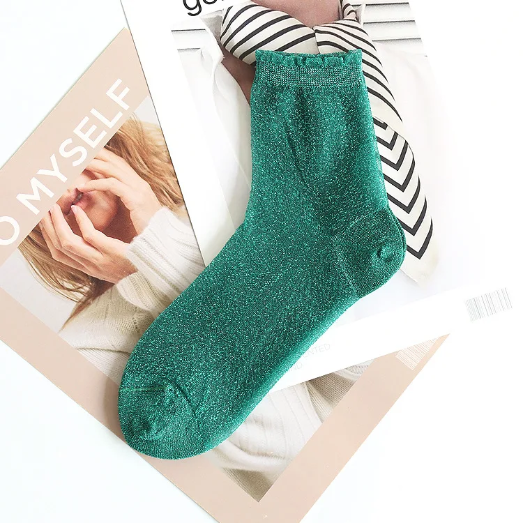 Women Fashion Shiny Socks Trendy Girls Glitter Ankles Socks Spring Summer Thin Gauze Transparent Lady Sox Cute Soft Meias - Цвет: Green