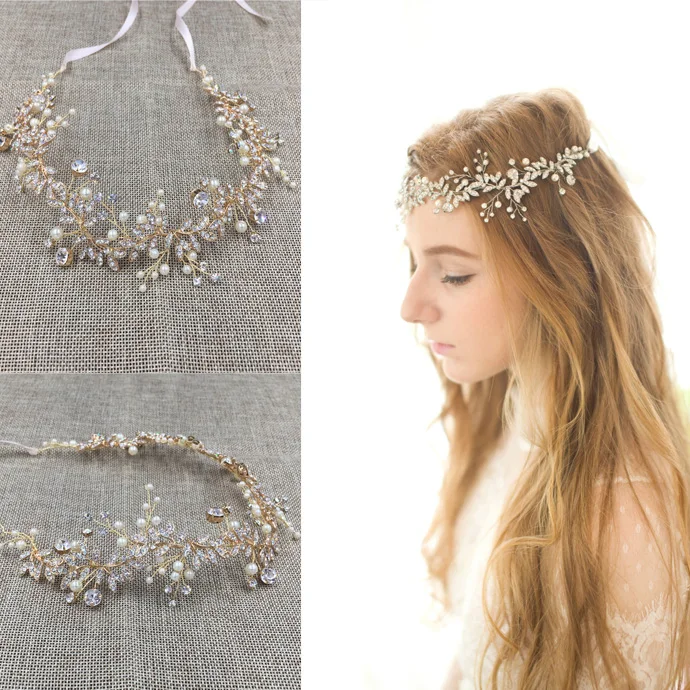 

Gold Silver Rhinestone Wedding Headband Pearl Hair Jewelry Handmade Women Headpiece Wedding Hair Accessories Bridal Headwear