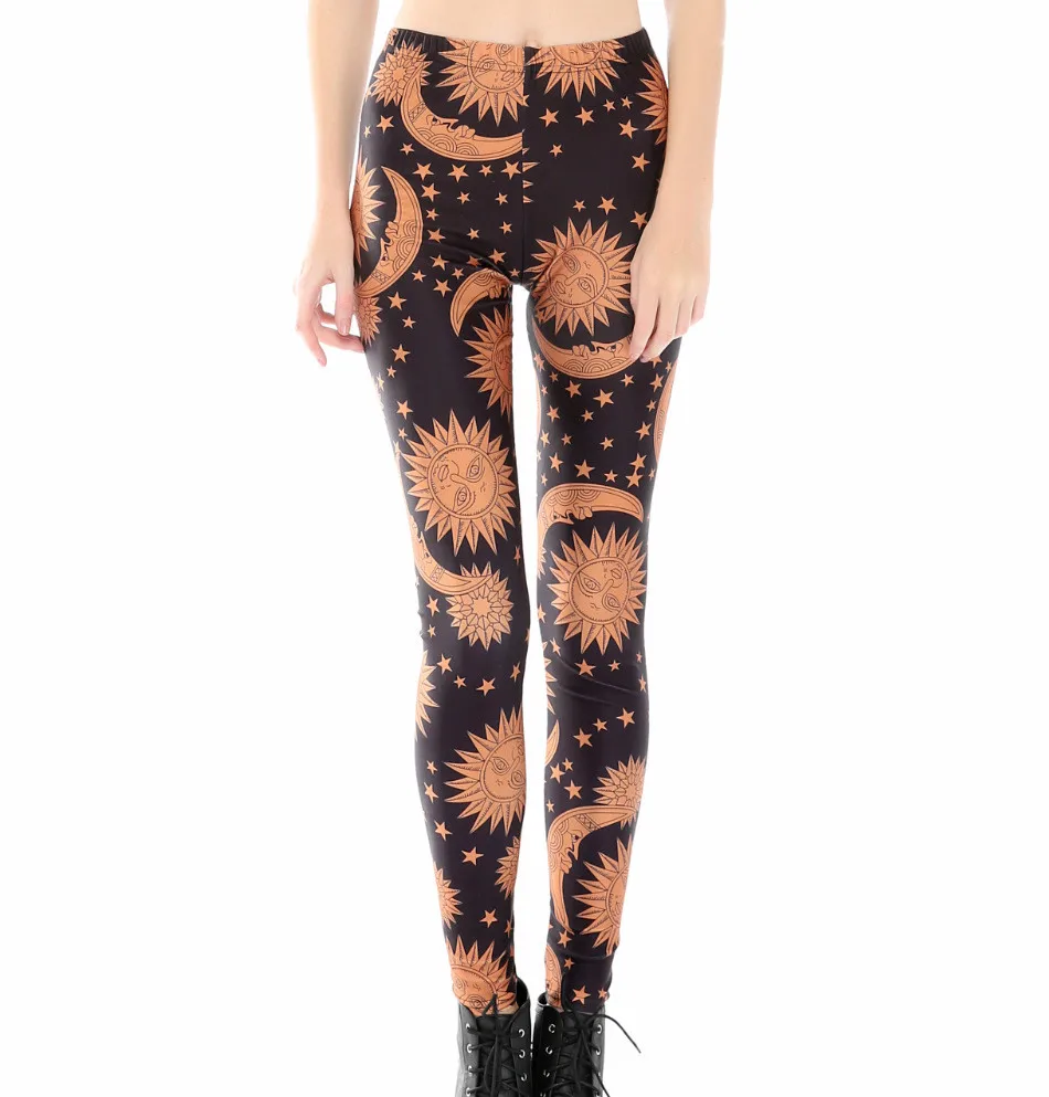 2017 Women Sun and Moon on Black Print Leggings Slim Fit Thin Elastic