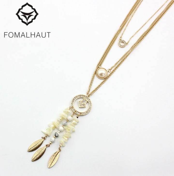 

FOMALHAUT White shell beads long section gold color 14 k Pendant Long Statement Necklace Women 2016 Fashion BX-022