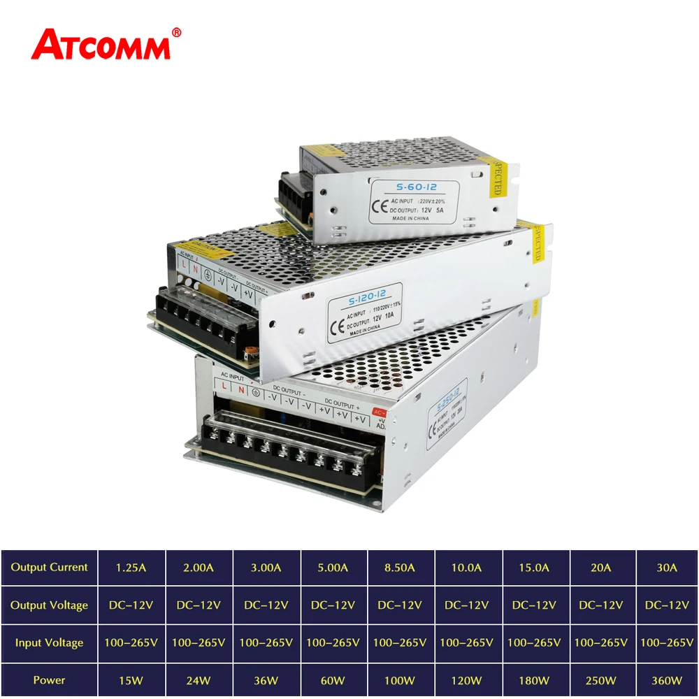 

2A 3A 5A 8A 15A 20A 30A LED Lighting Transformers DC 12V Power Adapter LED Strip Light Power Supply 60W 100W 120W 180W 250W 360W