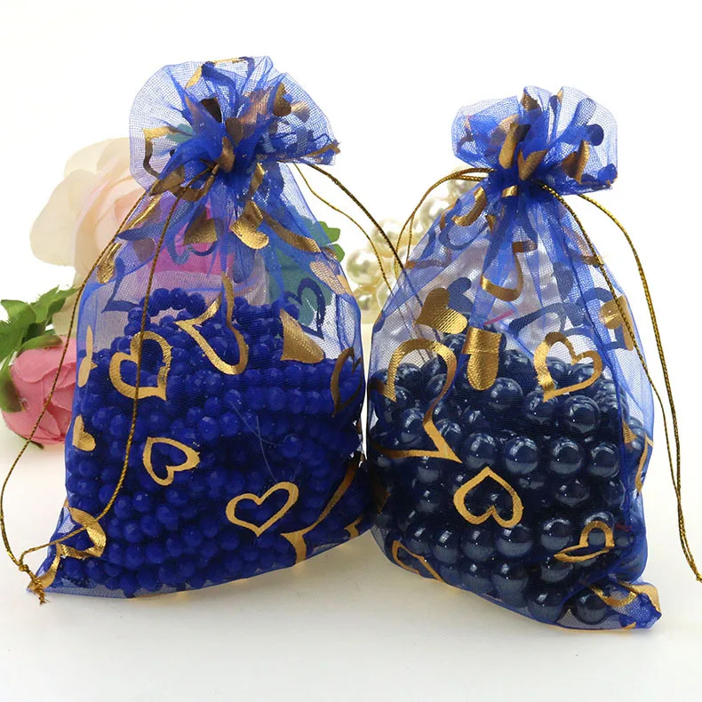 FANLUS 4.36.3 inch Gift Bags Heart Blue Sheer Organza Jewelry Pouches Wedding Party Favor Gift Bags  Drawstring Pouches   (10)