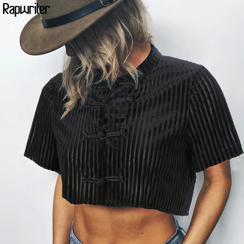 

Rapwriter Chinese Style Mandarin Collor Stretch Velvet See Through T-Shirt Black Women 2019 Summer Short Sleeve Button Crop Top