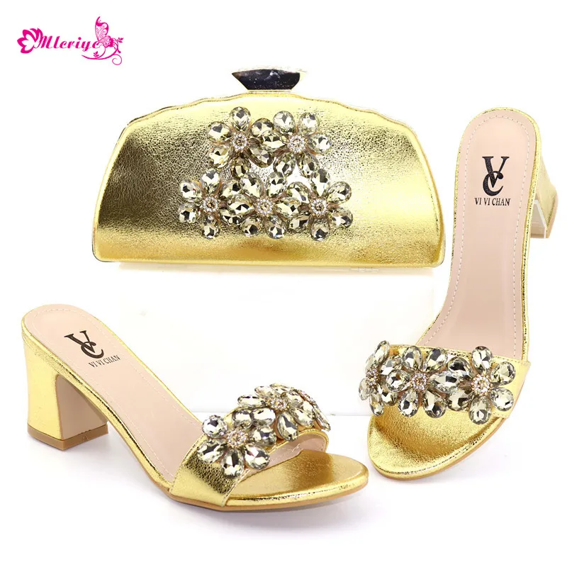 

Gold Color Matching Italian Shoe and Bag Set Decorated with Rhinestone Nigerian Party Shoes and Bag Set High Quality Shoes Bag