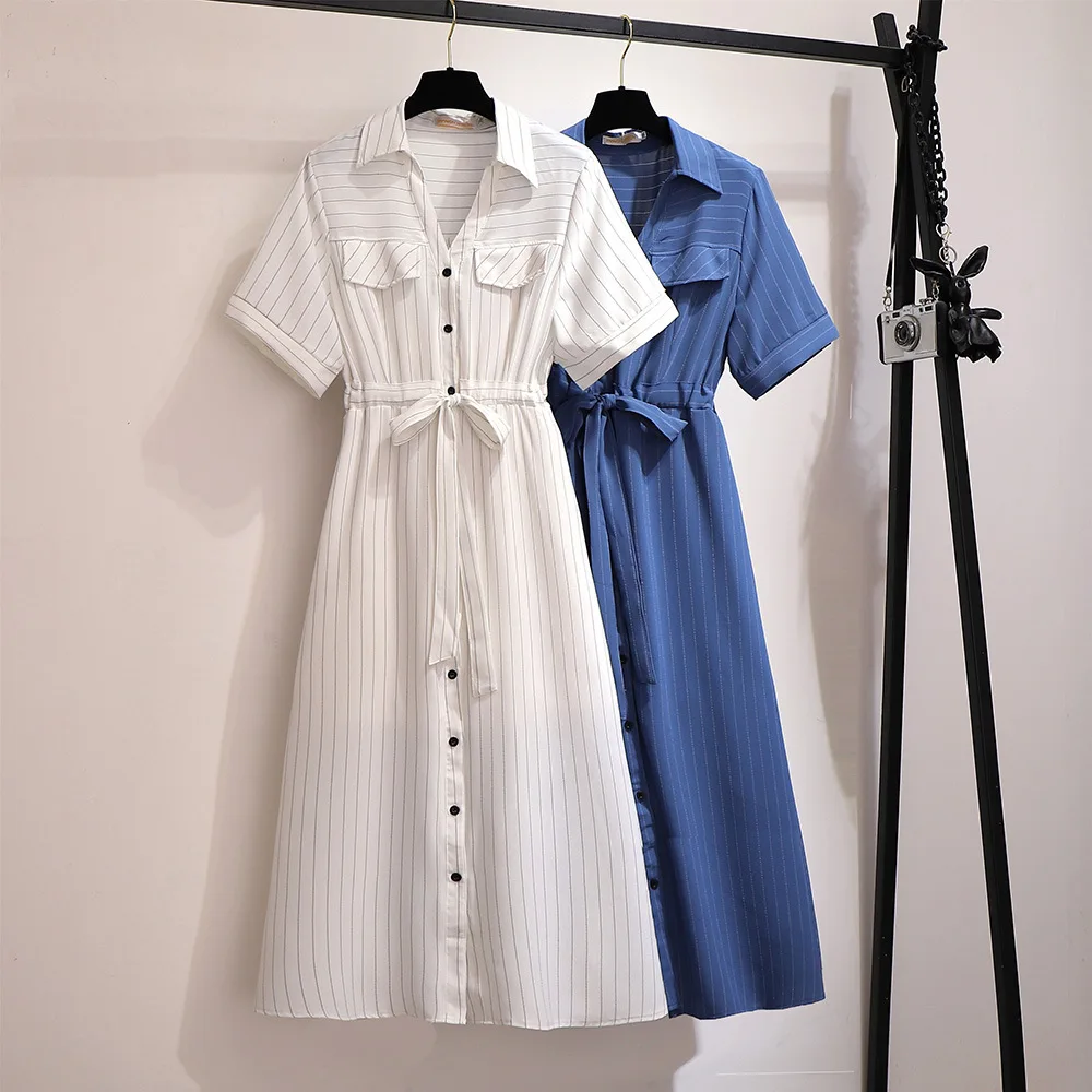 

2XL -6XL Plus size Summer Striped Dress 2019 Casual Loose Women Large Big size OL Shirt Dress Button Ladies Office Chiffon Dress