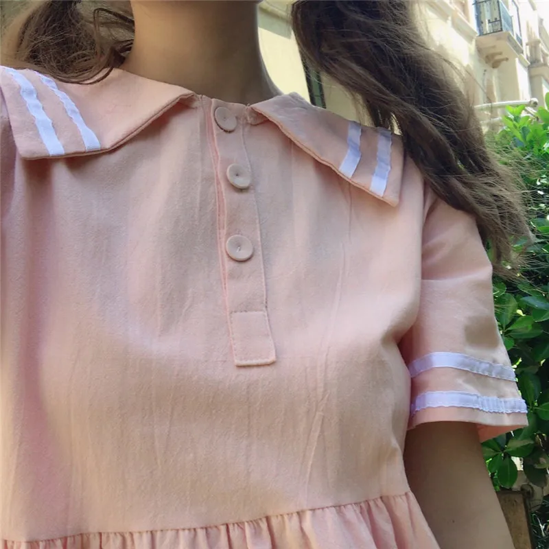 Летнее японское Новое модное повседневное женское милое Розовое свободное платье в стиле Харадзюку большого размера милое платье с воротником в стиле Питера Пэна