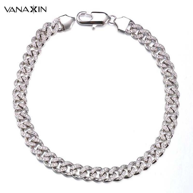 VANAXIN 925 пробы серебряный мужской браслет розовый прозрачный CZ хип хоп Iced Out Cuba