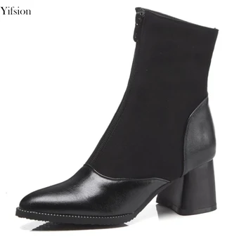 

Olomm Women Warm Ankle Boots Ladies Winter Shoes Comfort Square Heel Pointed Toe Black Working Office Shoes Women US Size 3-16