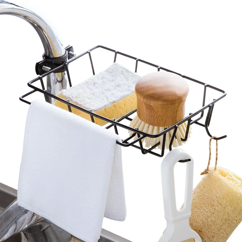 Black iron scouring pad rack sponge drain racks towel holder hand soap shelf with hooks sink rag drain rack kitchen storage Black iron scouring pad rack sponge drain racks towel holder hand soap shelf with hooks sink rag drain rack kitchen storage