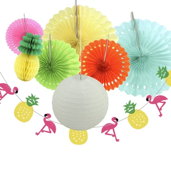 

Colorful flamingos banners paper tissue fan paper lantern pineapple honeycomb wedding birthday party baby shower backdrop decor