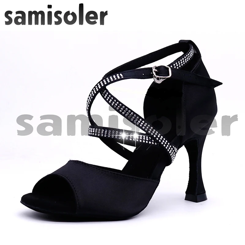 Samisoler Satin Style Ballroom Dance Shoes Women with Black Party ladieslatin dance shoes black Women Latin Dance Shoes