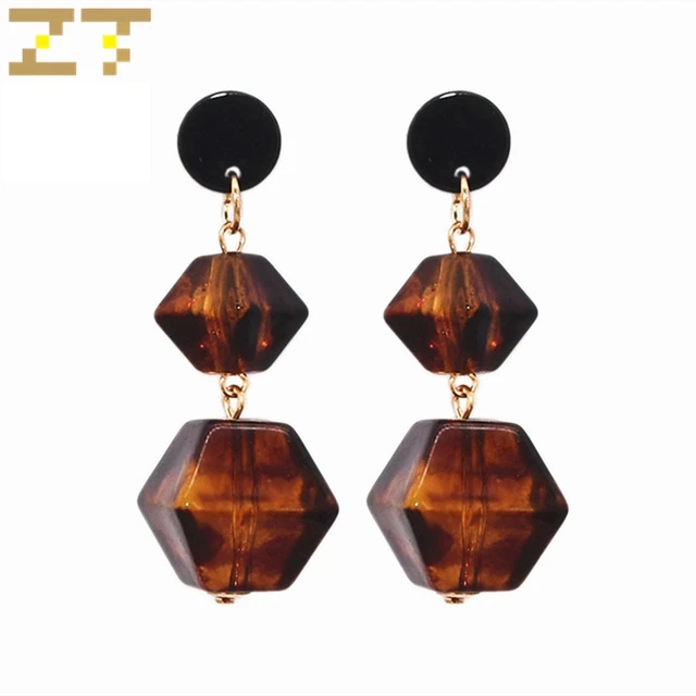

Hot Sale Fashion Geometric Round Lozenge Beaded Brown Transparent Acrylic Long Statement Dangle Drop Earrings for Women Jewelry