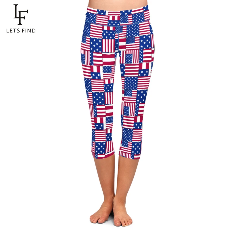 

LETSFIND 2019 New Arrival 3D American Flag Print Women High Waist Capri Leggings Plus Size Fitness Elasticity Pants